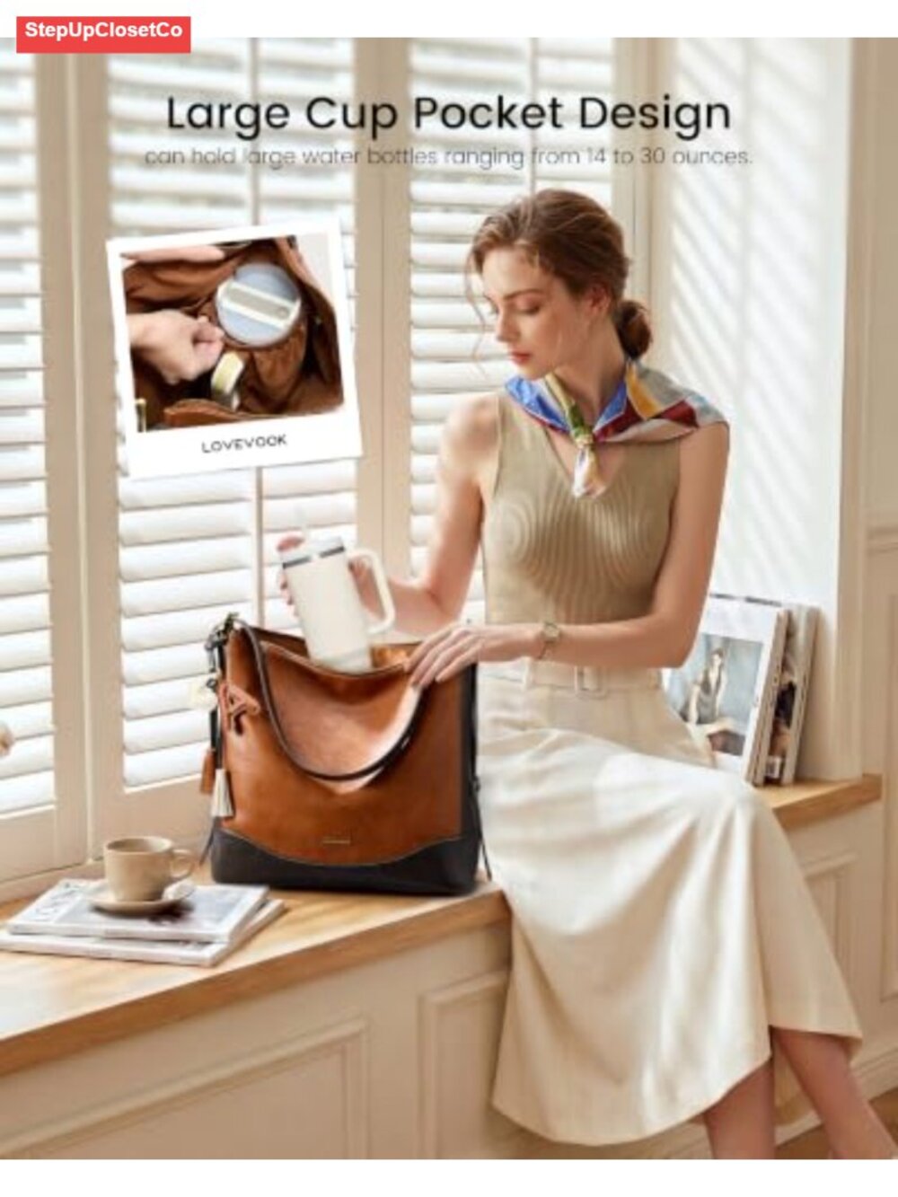 Hobo Bag Women Crossbody Shoulder Purse Faux Leather Hidden Cup Holder Large - Picture 3 of 6